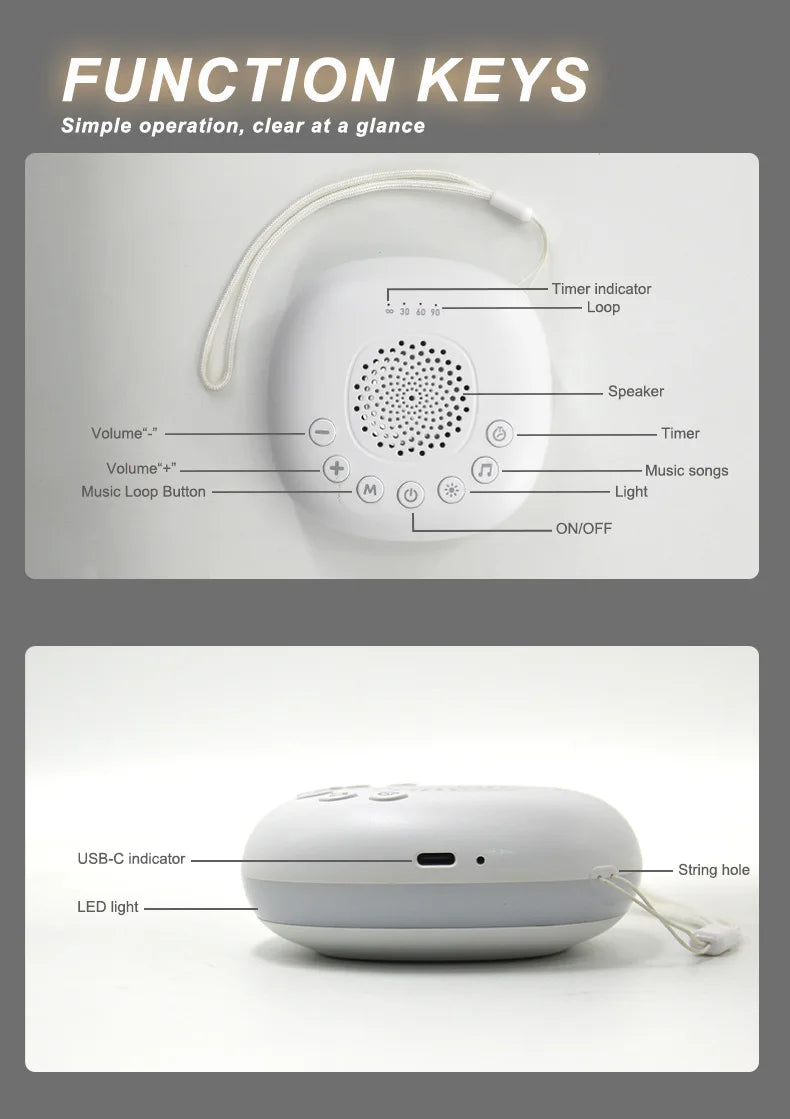 Machine à son Portable pour bébé, 6/10/20 chansons, bruit blanc, sons apaisants, Volume réglable, batterie Rechargeable intégrée